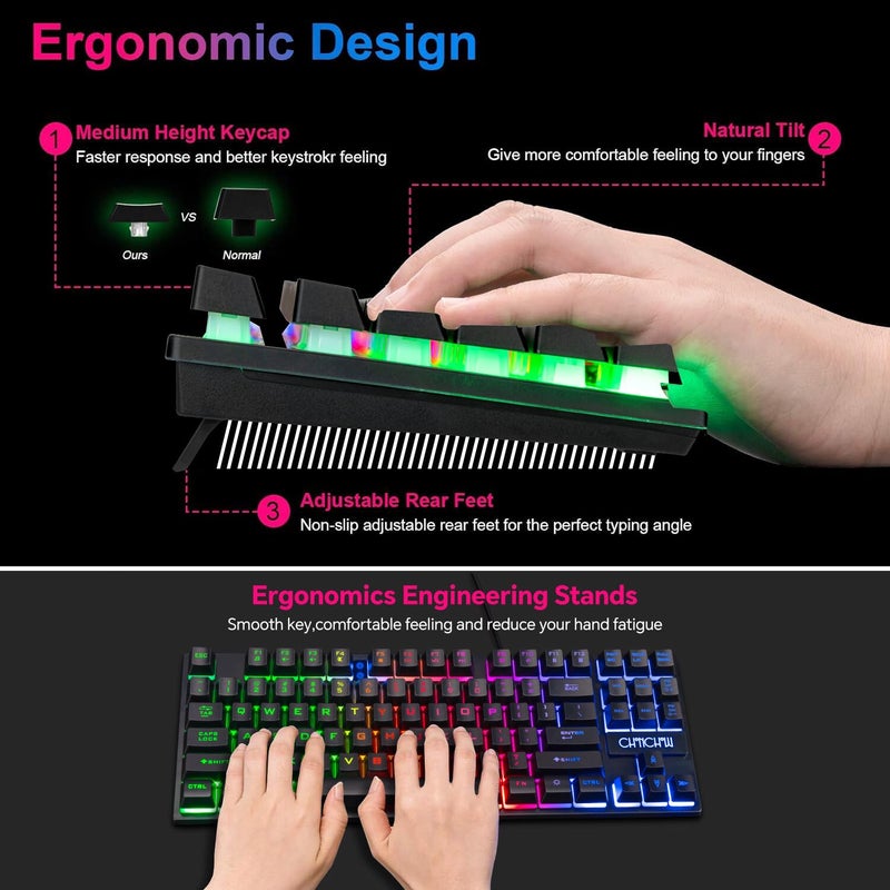 CHONCHOW 87 Keys TKL Gaming Keyboard and Mouse Combo, Wired LED Rainbow Backlit Keyboard 800-3200 DPI RGB Mouse, Gaming for PS4 Xbox PC Laptop Mac - Image 5